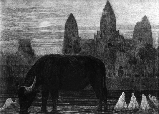Paul JOUVE (1878-1973) - Buffalo in front of the temple in Angkor, 1922
