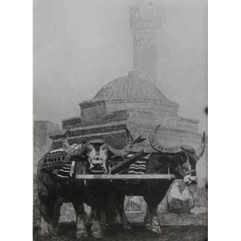 Attelage de buffles devant un minaret, 1917