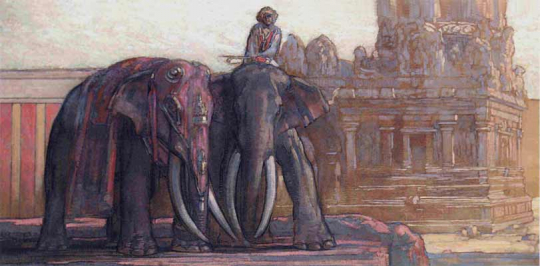 Paul JOUVE (1878-1973) - Éléphants devant un temple aux Indes du sud. C1924.